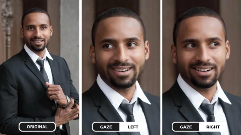 change eye gaze direction online of a man in black suit changing eye direction using EraseID