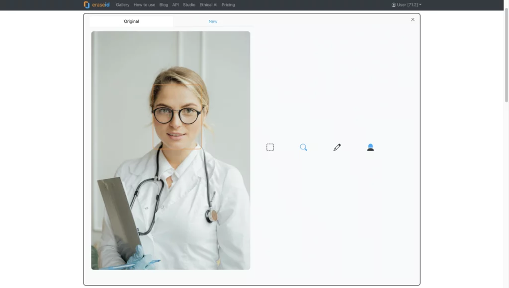 digital face replacement on an image of a blonde woman wearing eyeglasses and white coat with stethoscope holding a file