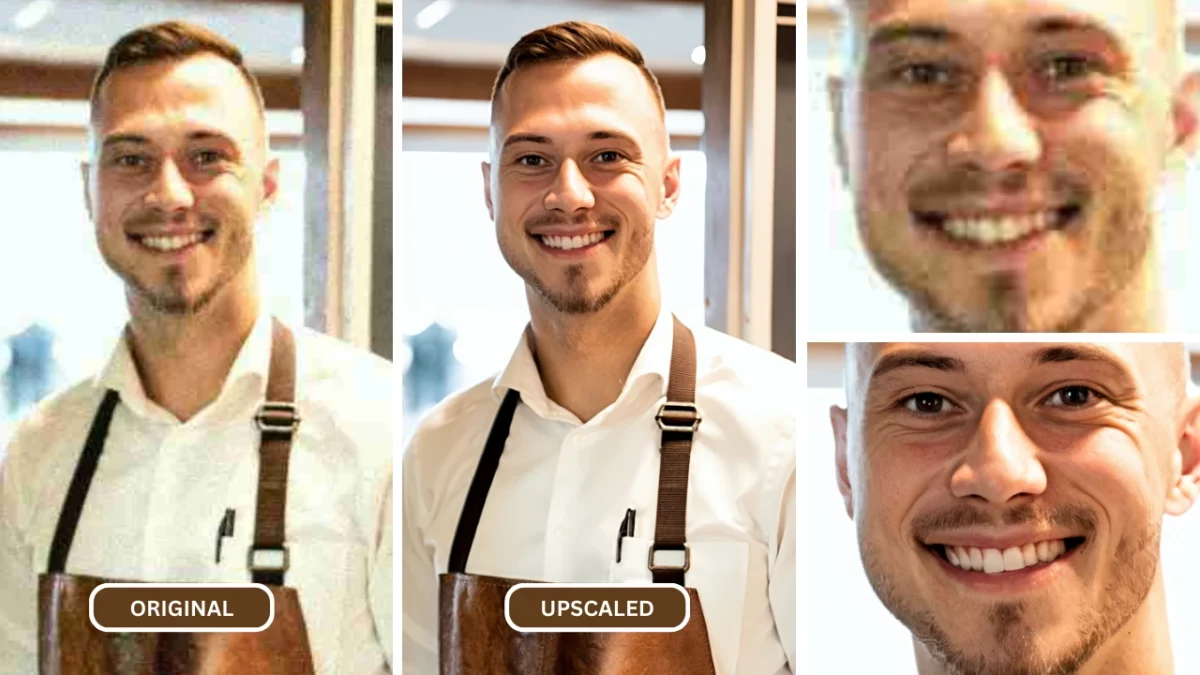 how to unpixelate an image of a chef in white shirt and brown apron