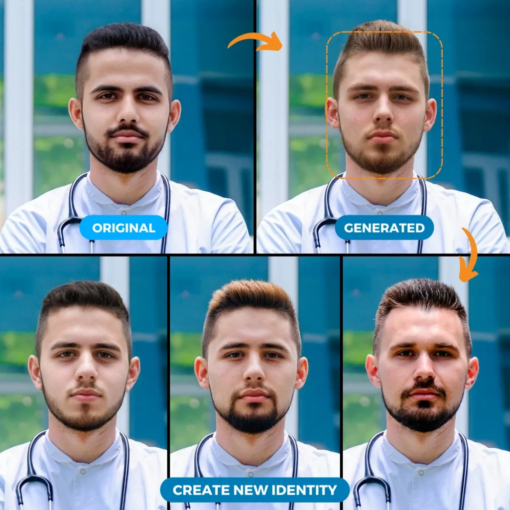 Marketing Tool Face Generator mehrere Optionen erstellt von einem bärtigen Mann mit Stethoskop