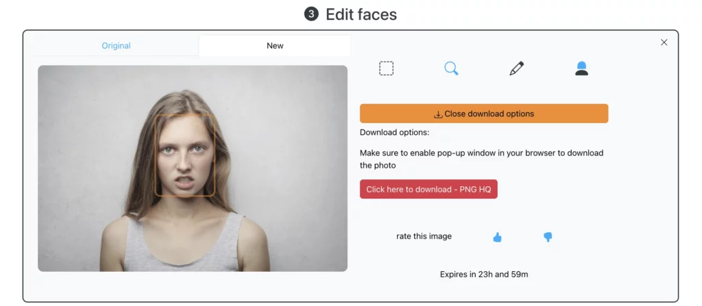 EraseID bietet Dienstleistungen AI angry face generator an, um ein wütendes Gesicht einer Frau mit grauem Oberteil und blondem Haar zu erstellen