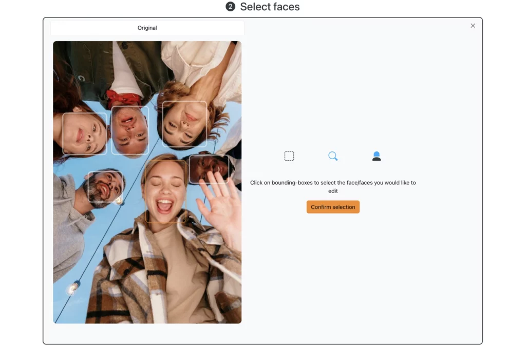 After uploading image to EraseID, it asks you to confirm selection of the face you want to change expressions