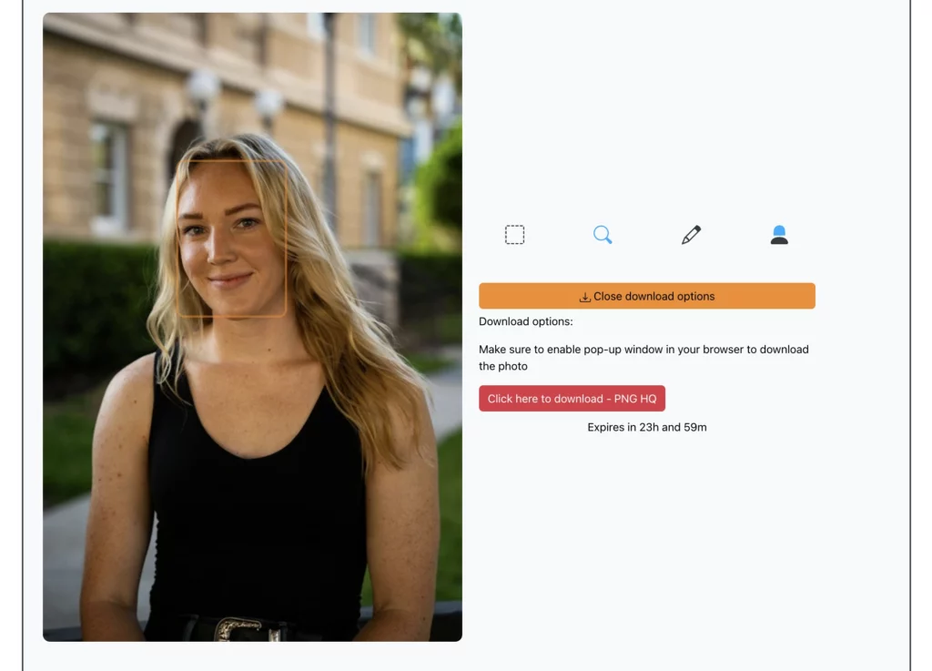 correggi la mia app sorriso usando eraseid modifica la funzione espressione su un'immagine di una donna bionda in top nero