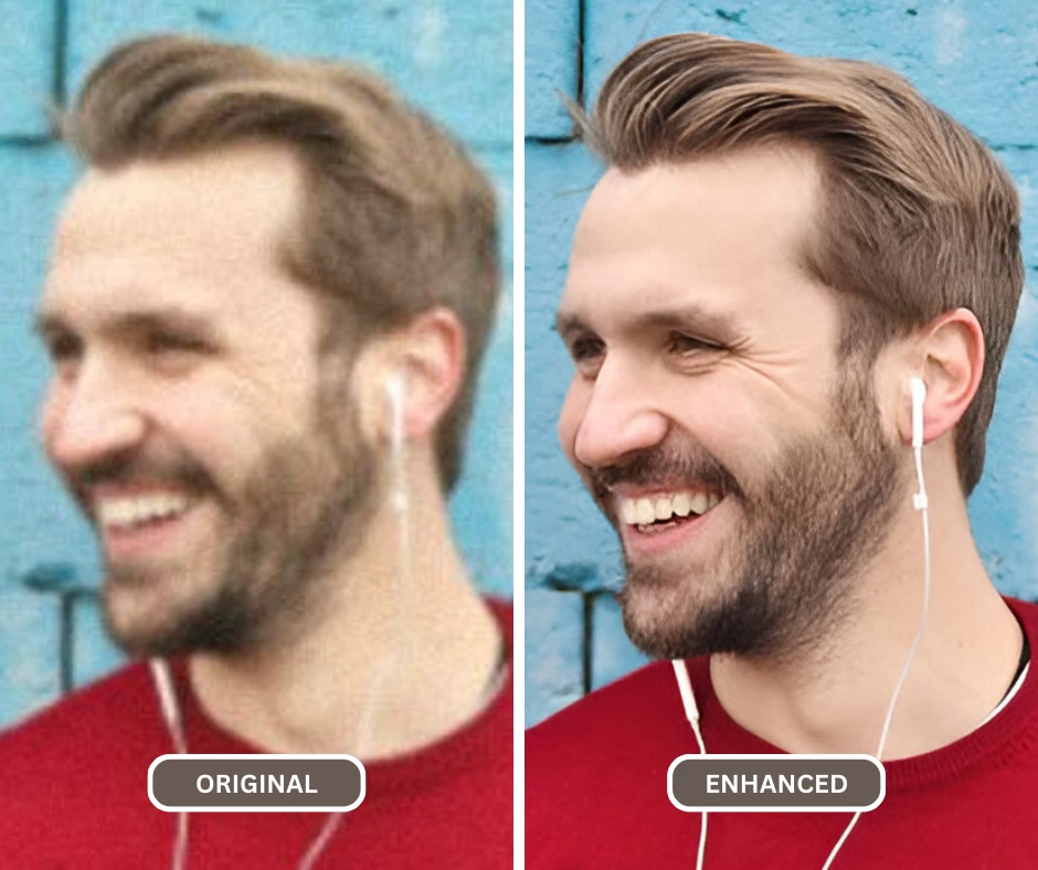 how to enhance a blurry photo of a bearded man wearing earphones and red t-shirt