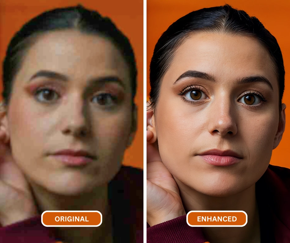 Unblur tool by SuperID of a woman with brown eyes and black hair