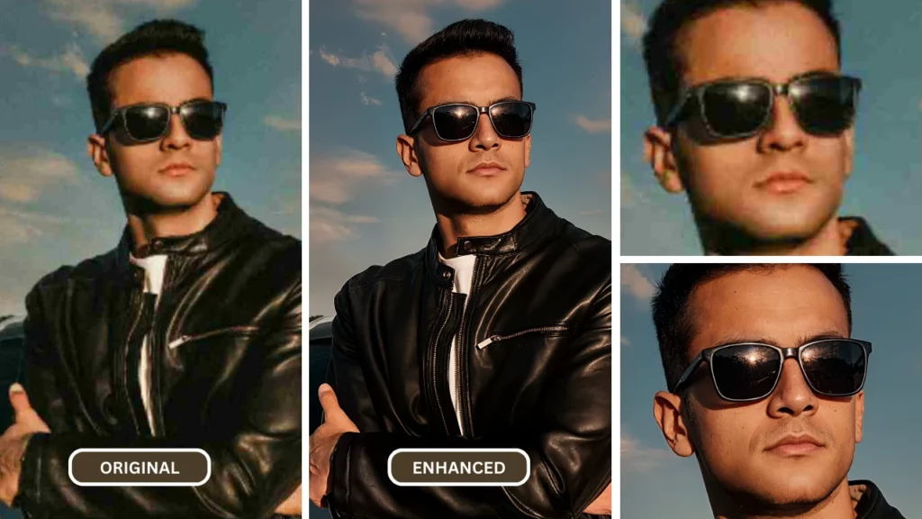 unblur tool by SuperID on an image of a young man in sunglasses and black leather jacket