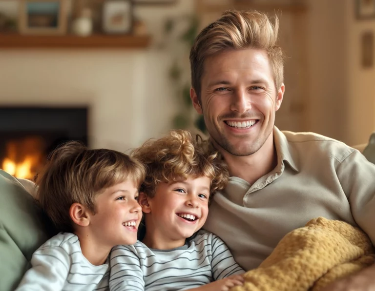 A man is sitting on a couch with two children, all smiling and enjoying their time together, models fashion