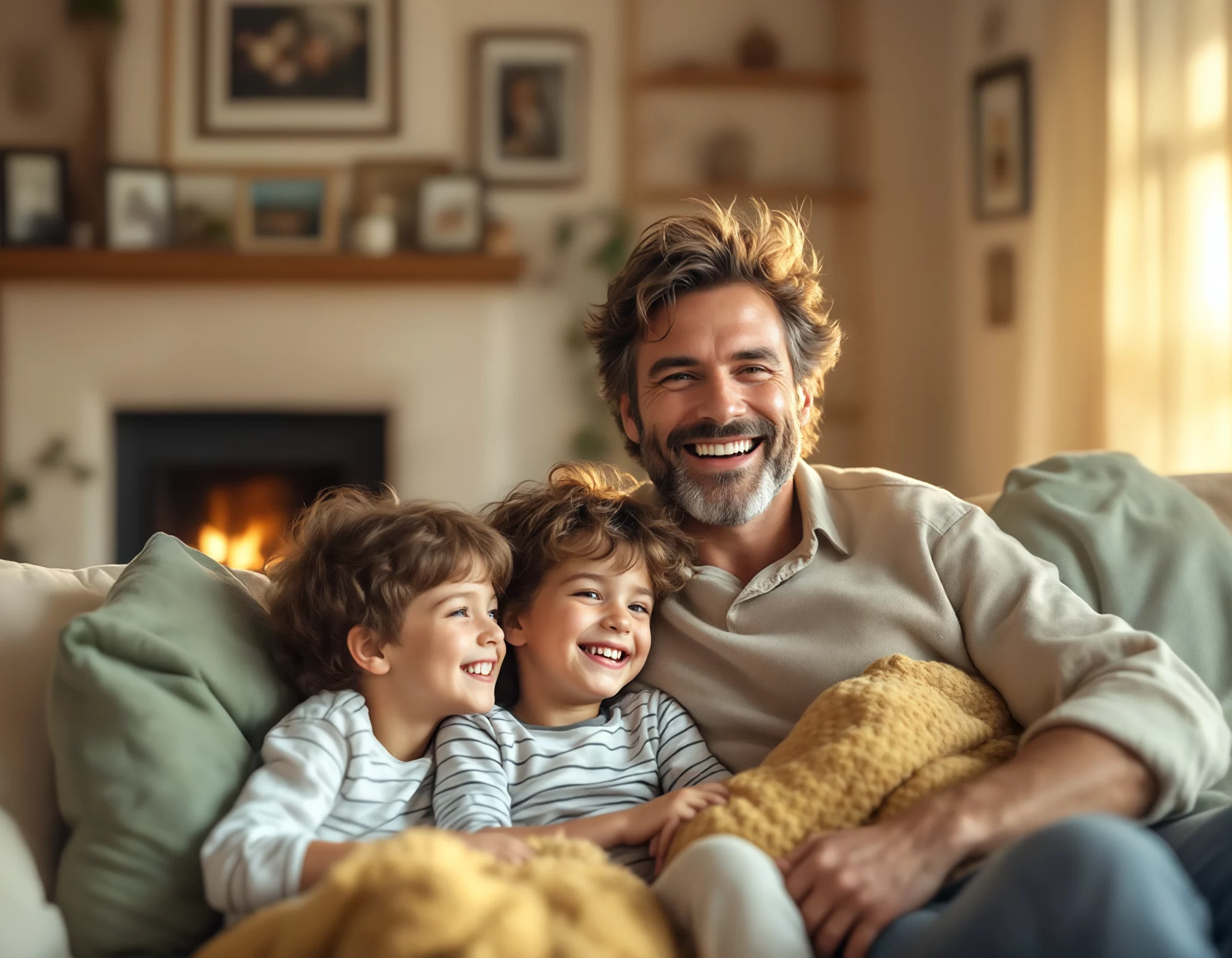 Bearded man with two boys sitting on a sofa