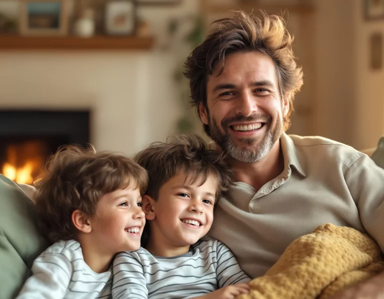 Vater sitzt mit zwei Kindern auf einer Couch, alle lächeln und genießen ihre gemeinsame Zeit, Models Mode