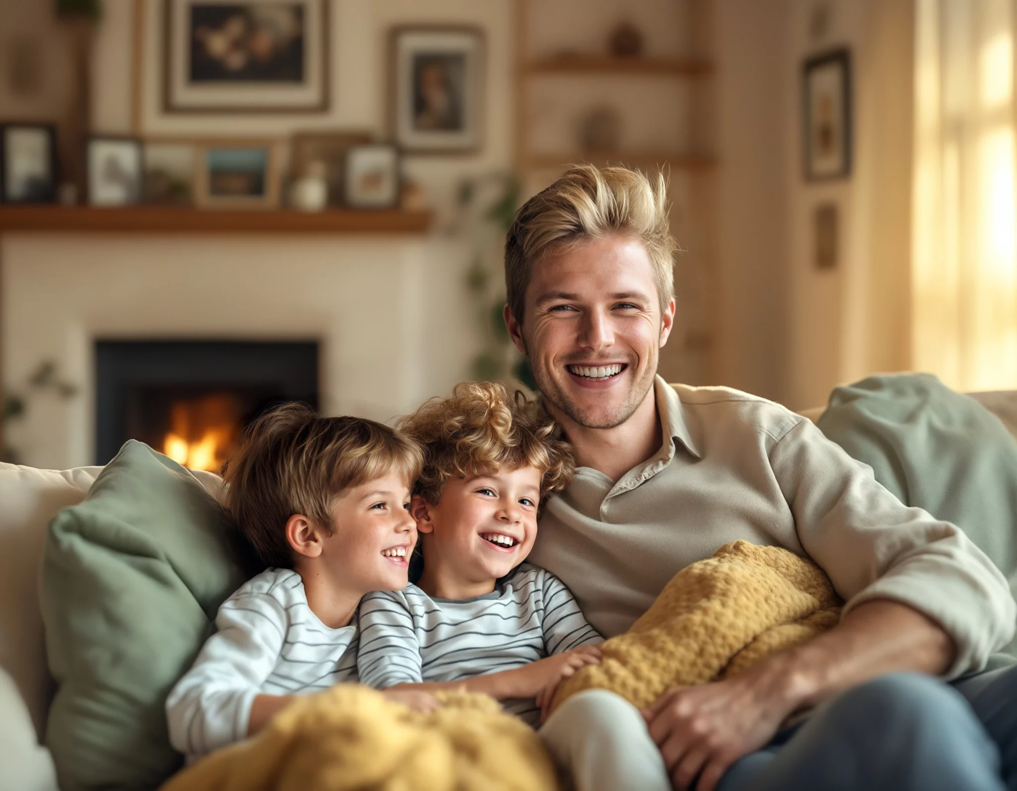 Blonde man in cream T-shirt with 2 kids smiling