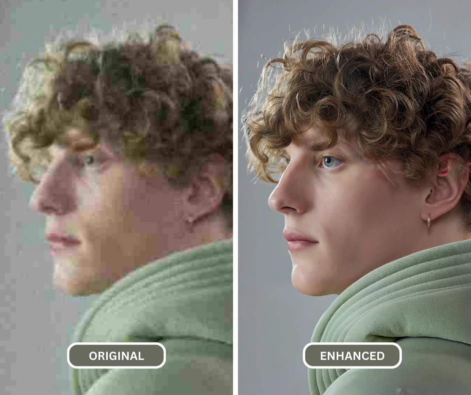 Upscaling 4K su un'immagine di un ragazzo con cappuccio verde e occhi azzurri