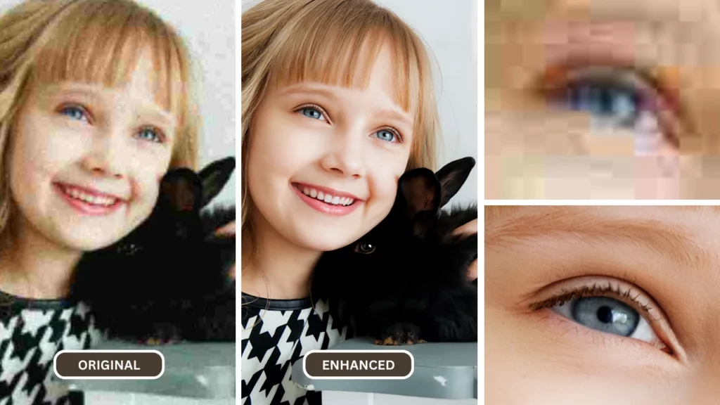 Upscaling 4K di una bellissima bambina con gli occhi azzurri e un gatto nero