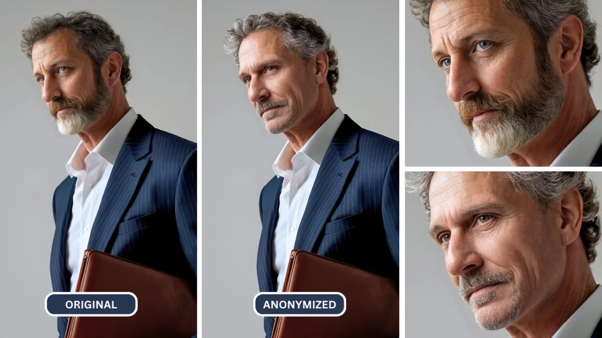 Old handsome guy identity anonymized using AI