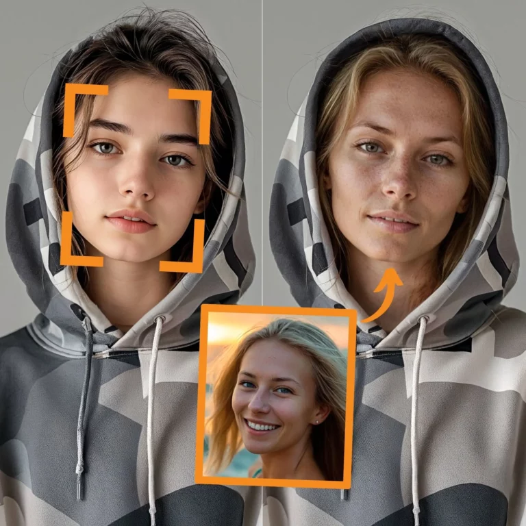 Two women wearing hoodies with their faces superimposed on them. AI fashion