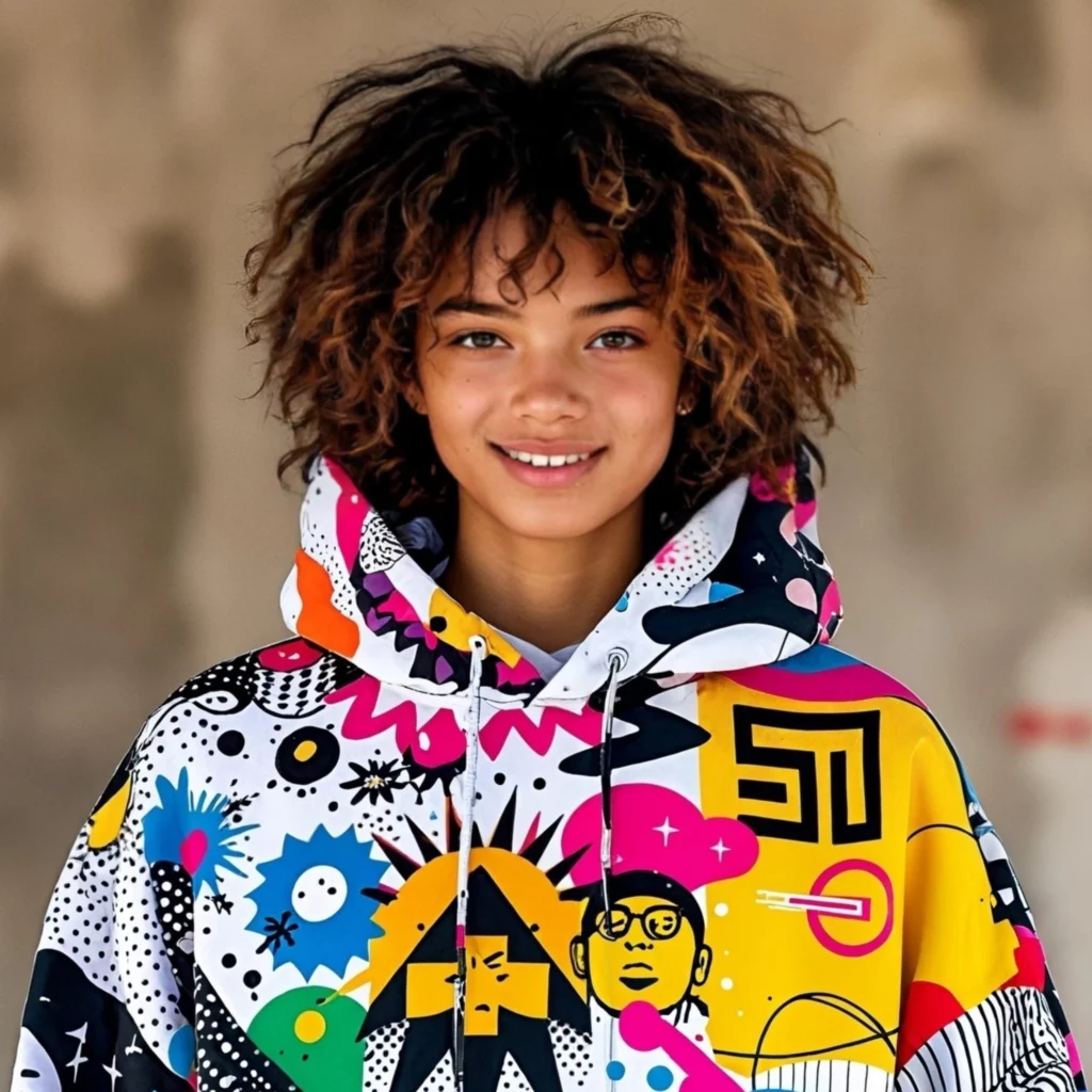 Young Girl wearing a multi colored hoodie smiling