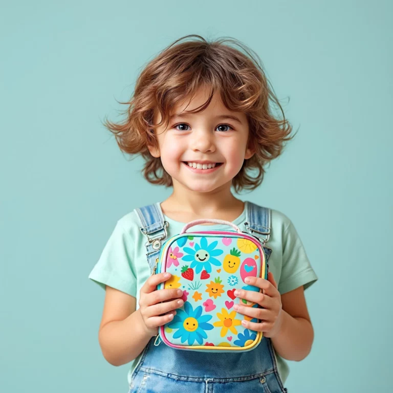 A young kid is holding a colorful lunch box with a flower design and smiling for the camera.