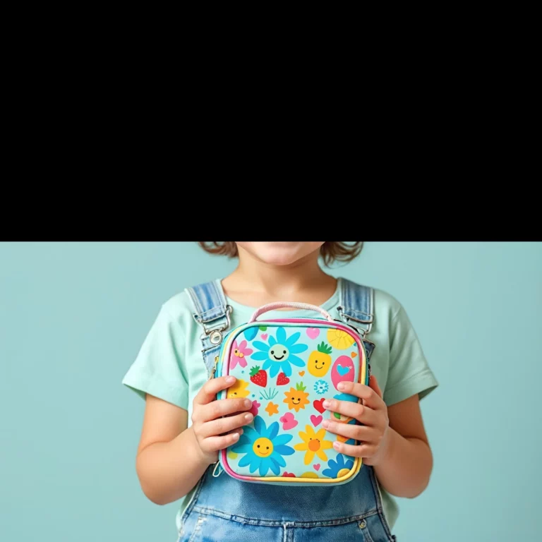 A young kid is holding a colorful lunch box with a flower design and smiling for the camera. Cropped face.