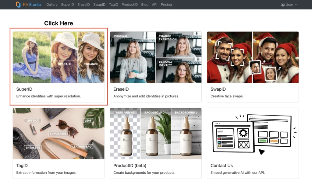 Choosing SuperID to upscale or enhance any image using AI on the PiktID studio named as PikStudio