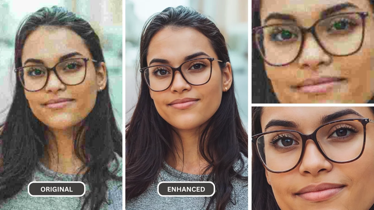 ai photo unblur using SuperID on an image of a girl in grey top and eyeglasses