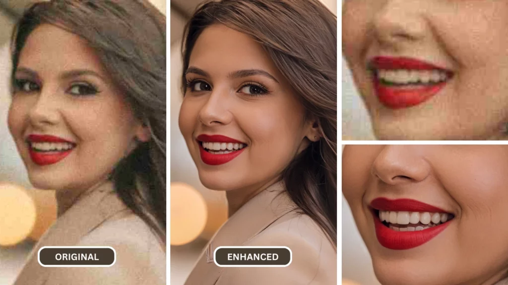 ai photo unblur on a girl in coat and red lipstick