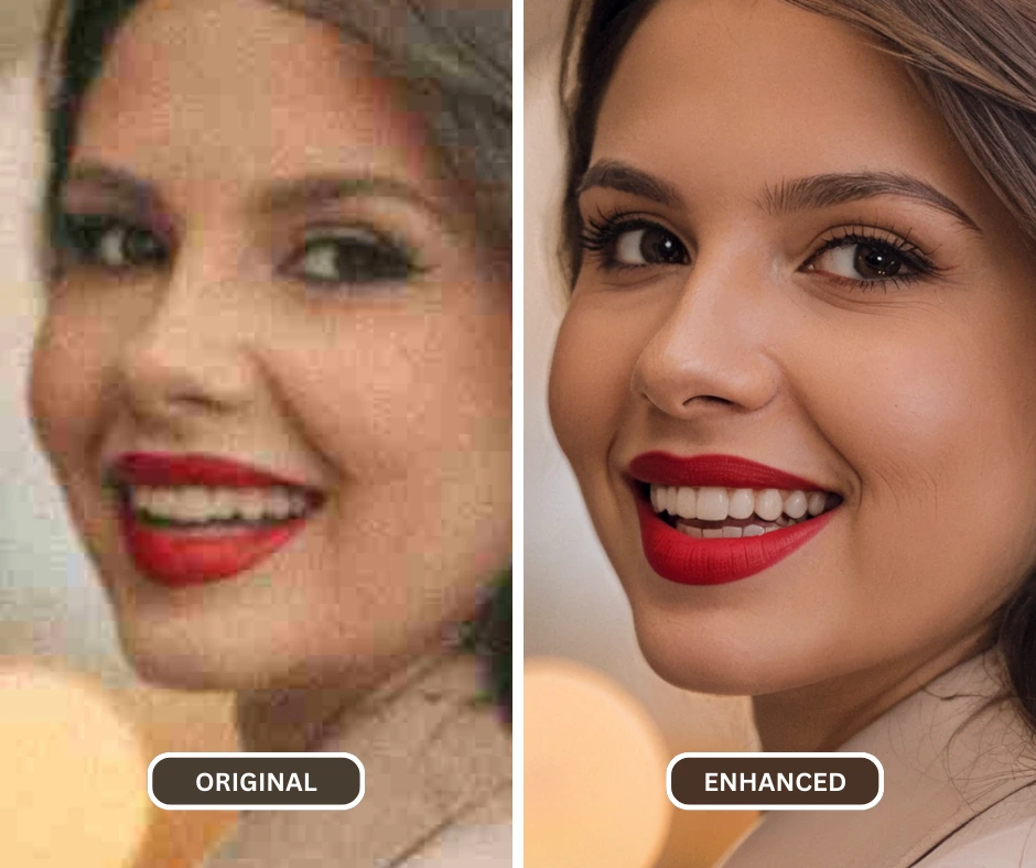 ai photo unblur using superid on a closeup image of a girl with black eyes and red lipstick