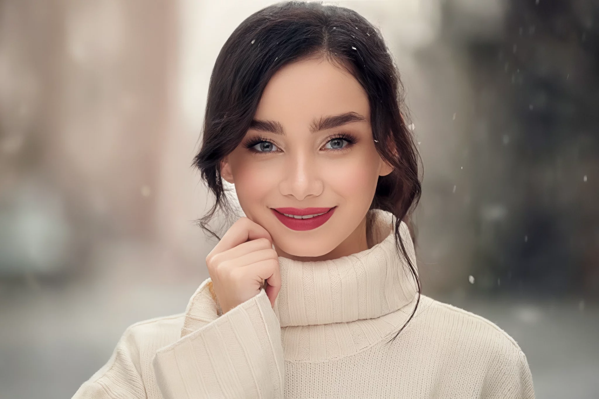 Bella donna nella neve che sorride mentre indossa un maglione beige