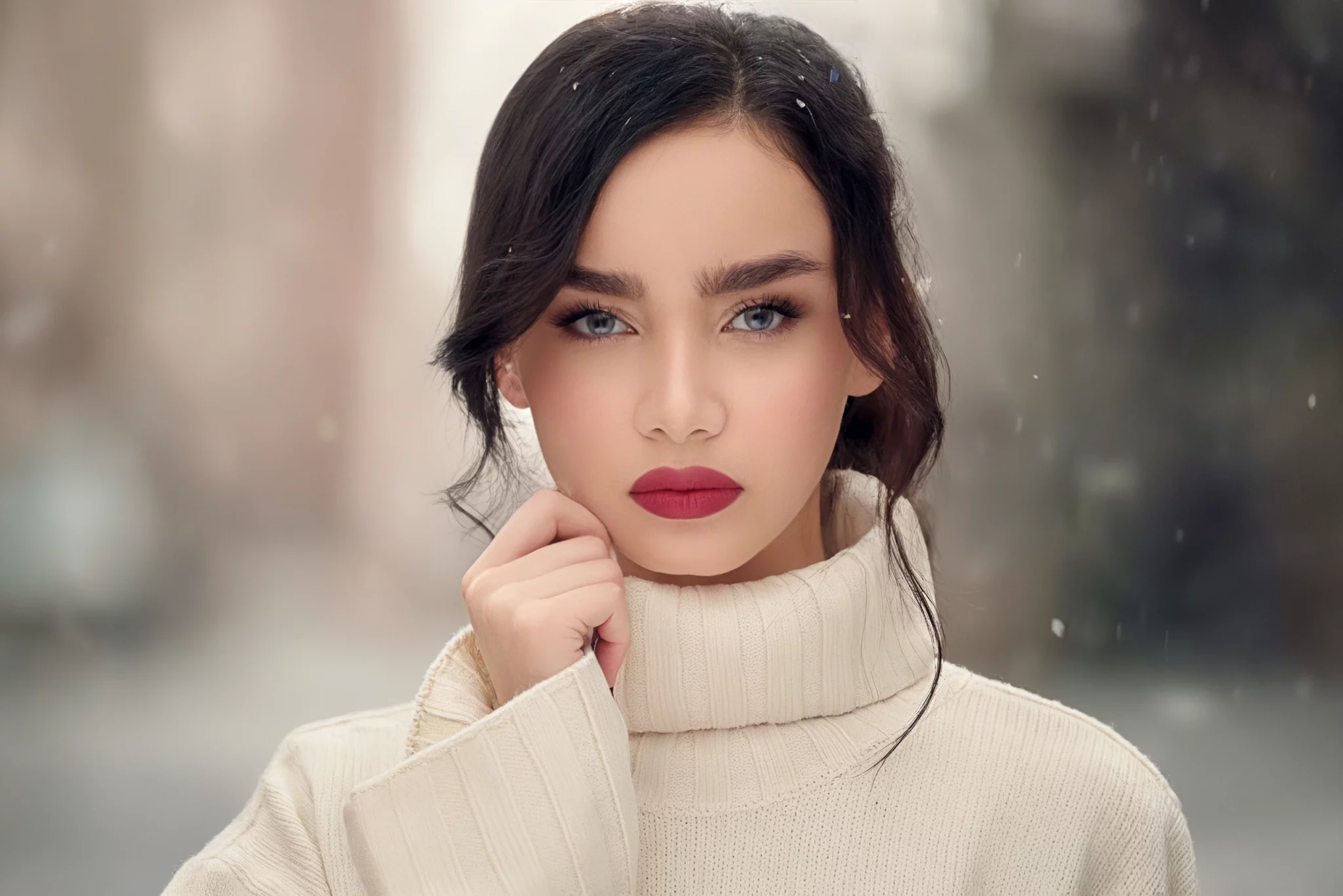 Lady with blue eyes looking sad while wearing a beige sweater