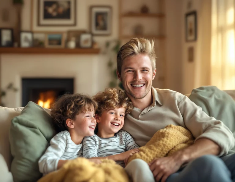 Un hombre está sentado en un sofá con dos niños, todos sonrientes y disfrutando de su tiempo juntos, modelos de moda.