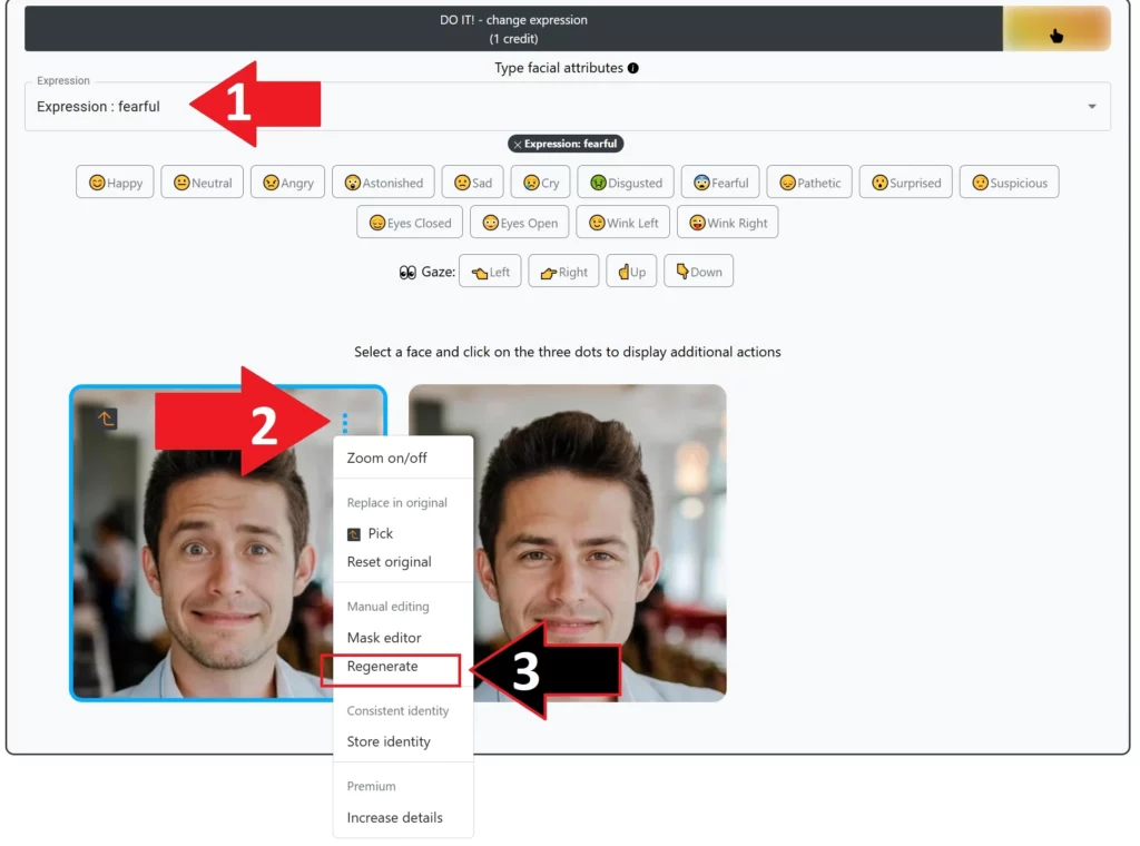 tutorial mix expressions. A computer screen with two men's faces on it, one of them has a red arrow pointing to it and the other has a red arrow pointing to it as well.