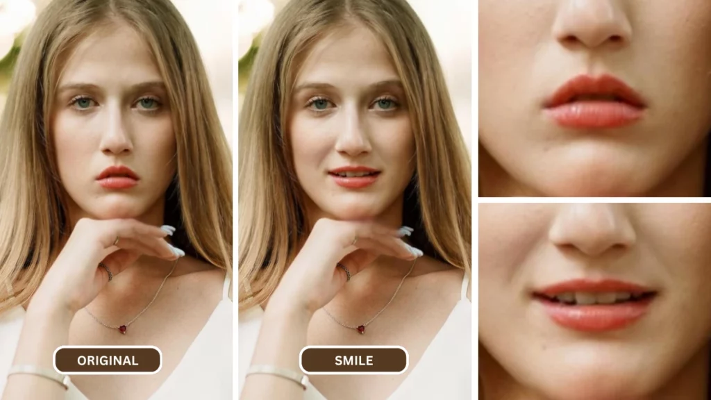 L'editor fotografico Smile è stato utilizzato su un'immagine di una donna bionda in abito bianco e collana che sorride mentre appoggia il mento sulla mano