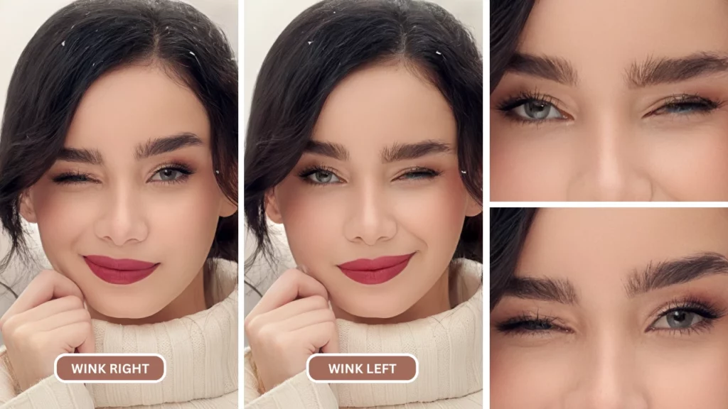 Girl with black hair winks right and left with the help of AI powered EraseID's change expression feature