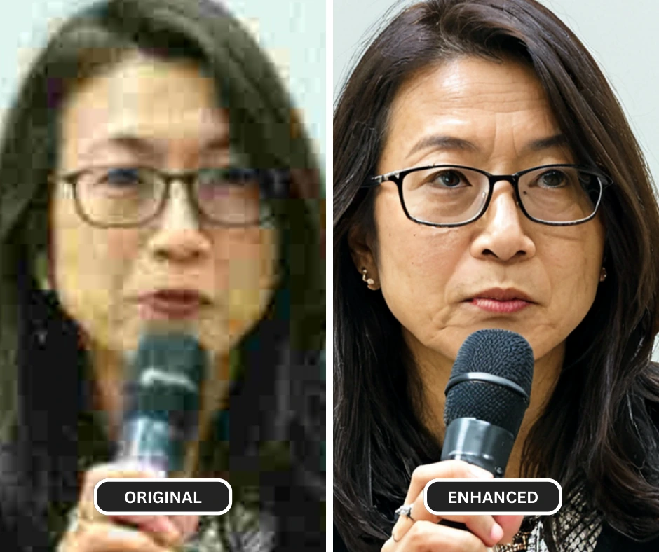 unblur image ai using SuperID on an image of a woman in spectacles talking using a mic