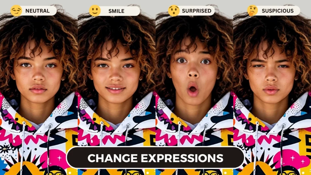 Changing expressions of a woman with frizzy hair and multi colored hoodie with the help of Artificial Intelligence