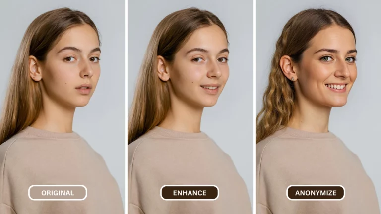 Imagen destacada de una chica rubia con una sudadera beige sonriendo a la cámara usando el potenciador facial con inteligencia artificial de EraseID