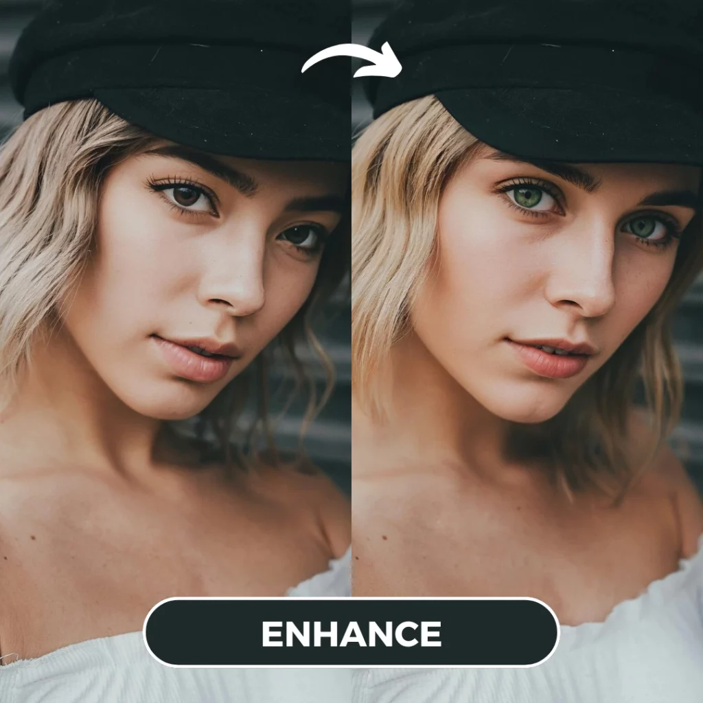 AI Face Enhancer by EraseID of a blonde girl in black cap and white top