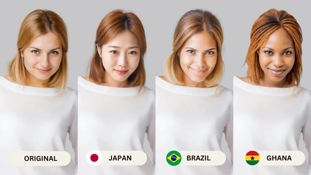 AI Face Enhancer of woman in white sweatshirt from multiple ethnicities with the help of EraseID