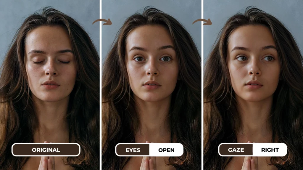 Brunette woman opening eyes and gazing right using AI powered EraseID tool