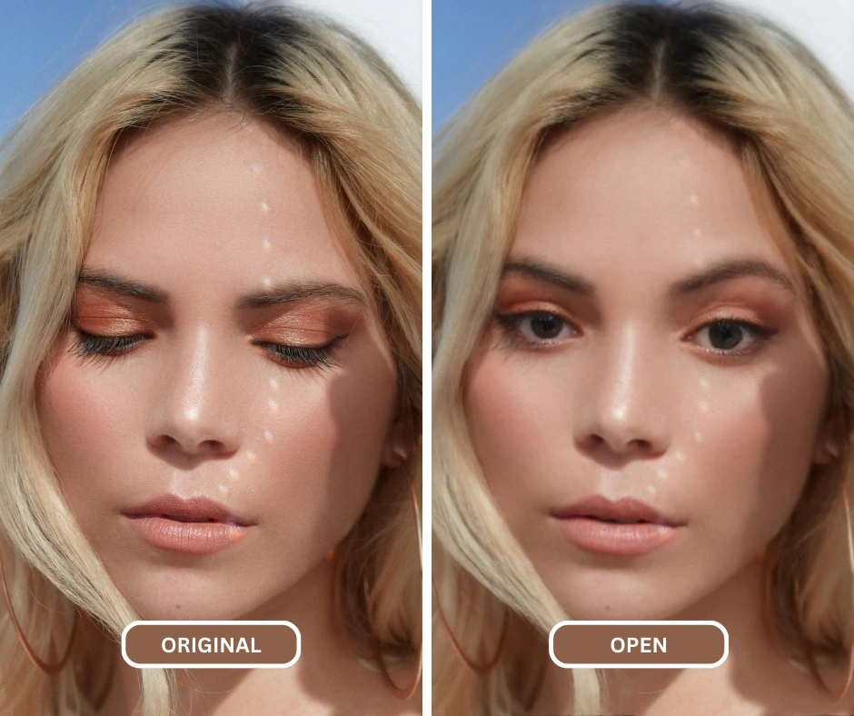 eyes closed filter being removed using EraseID on an image of a blonde woman