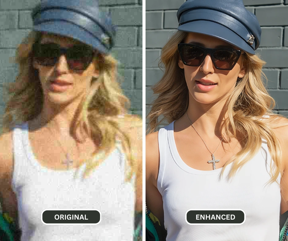 how to make a png higher resolution of an image of a woman in white top sunglasses and blue cap