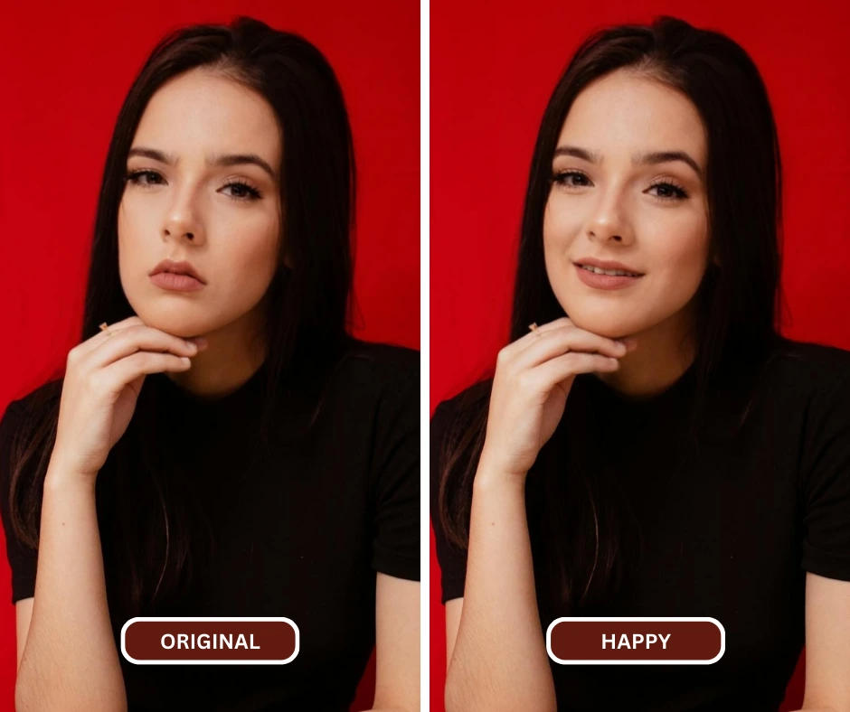 Woman with red background happy expressions by using happy face ai