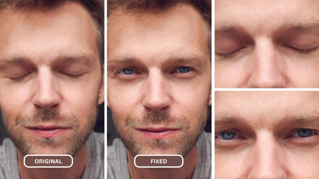 Imagen de primer plano de un hombre con ojos azules abiertos usando EraseID como un reparador de ojos con inteligencia artificial