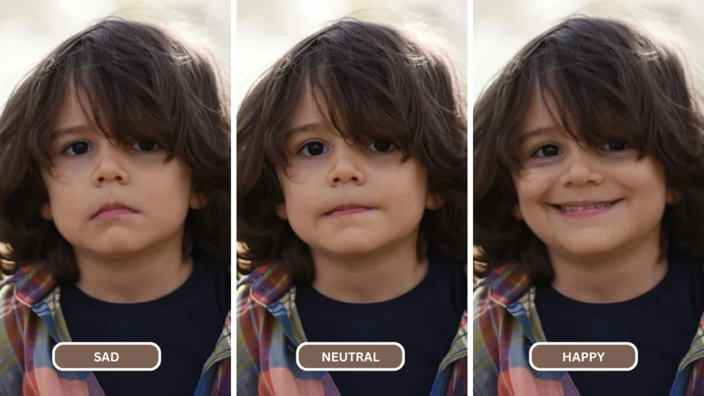 Little kid with long hair and creating multiple expressions