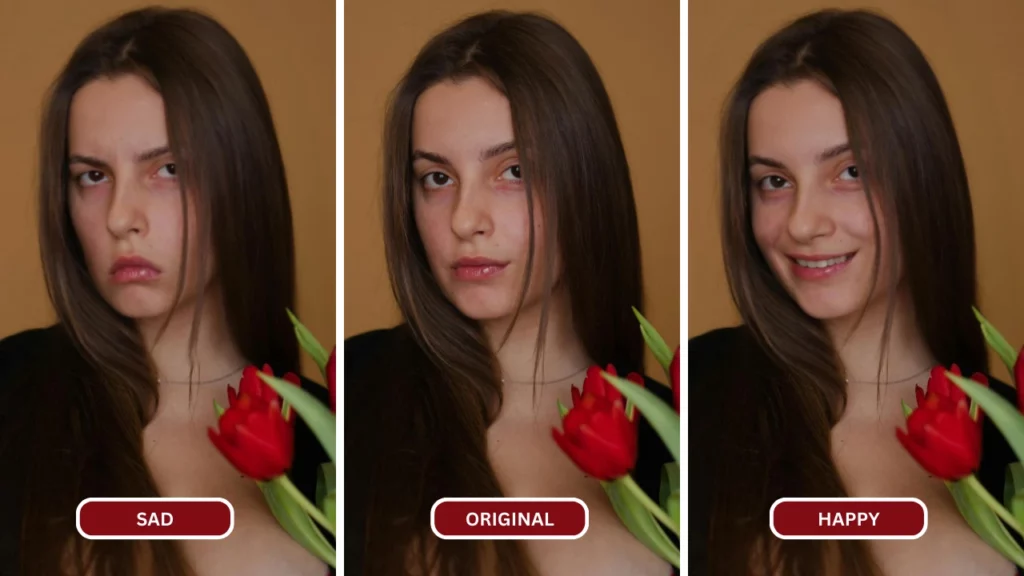 Multiple expressions of a woman holding red flower after using EraseID's change expressions feature for Sad Face AI