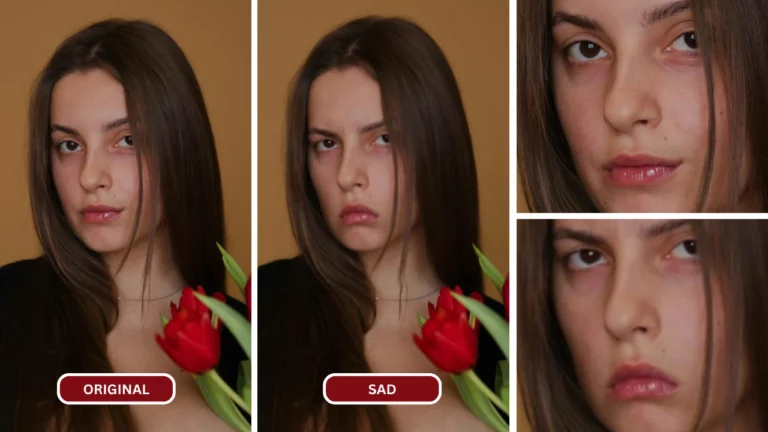 Woman with brown hair holding a red tulip using Sad Face AI by EraseID