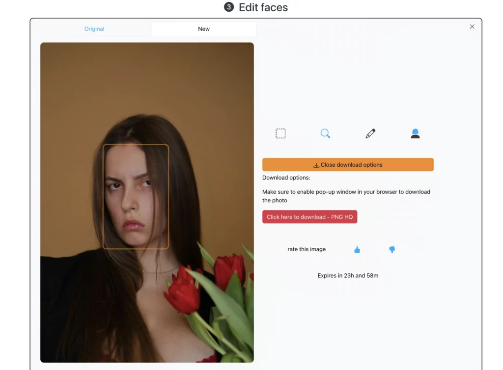 Using EraseID's Sad Face AI filter to make a woman holding flower look sad