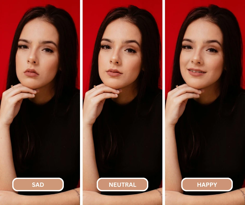 Young woman in black outfit changing expressions using EraseID which is an Happy Face AI