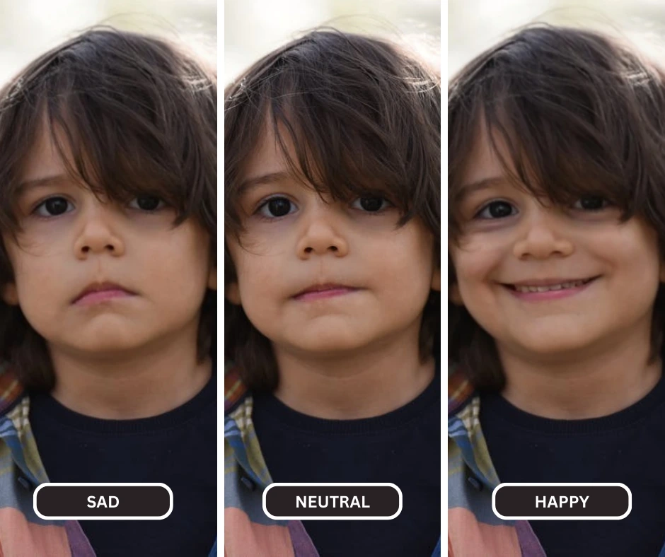 Young boy with long hair sad, neutral and happy expressions create with EraseID's change expressions feature