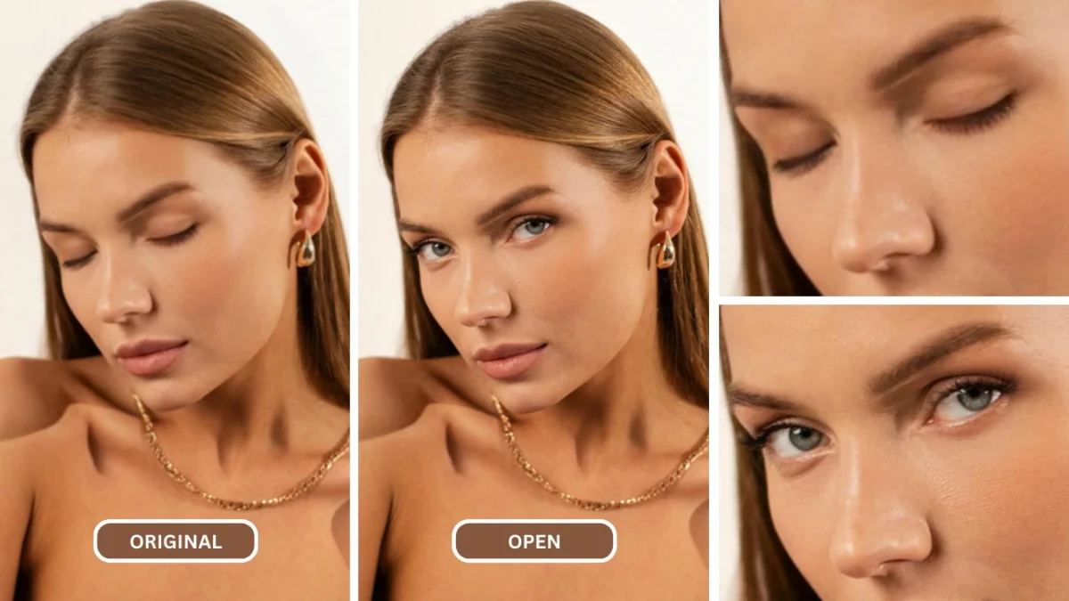 Mujer con aretes y collar de oro con los ojos abiertos usando AI Eye Fixer EraseID