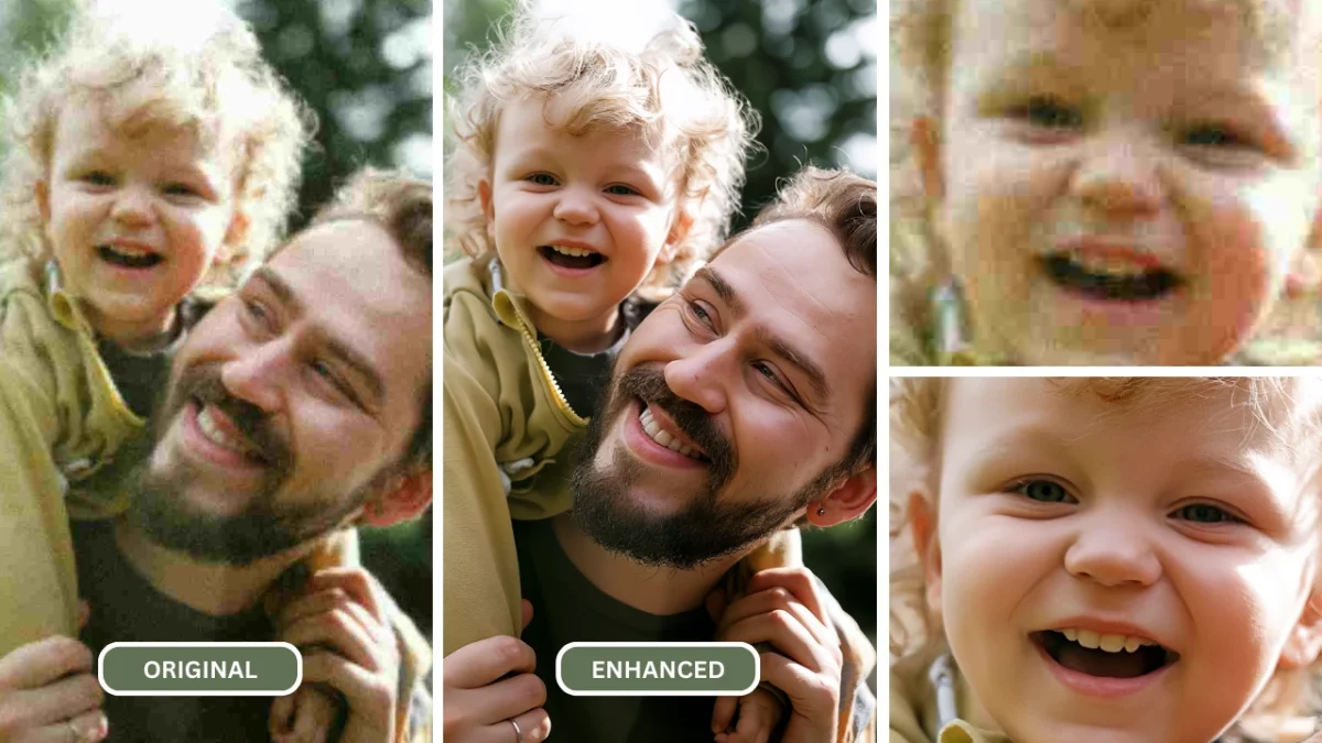 Upscaled image of a man with his son on his back smiling and laughing