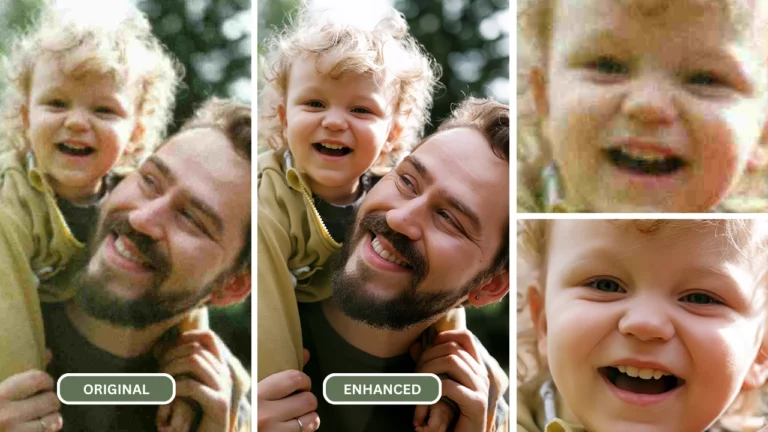 Immagine ingrandita di un uomo con il figlio sulla schiena che sorride e ride